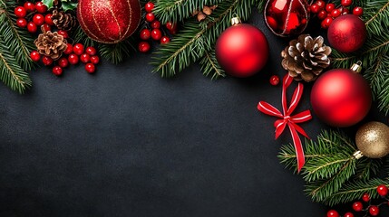 Christmas gifts. A festive arrangement of Christmas decorations featuring red ornaments, pine branches, and berries on a dark background, perfect for holiday-themed designs.