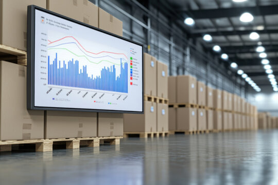 Digital screen displaying inventory charts in warehouse environment, showcasing data analysis and stock management. setting features stacked cardboard boxes on pallets, emphasizing logistics and - Powered by Adobe