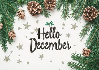 top-view mockup featuring a winter evergreen scene with pine branches, pine cones, and stars on a white background, along with the text "Hello December" Generative AI