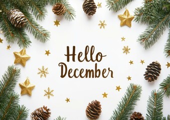 A elegant "Hello December" inscription on a white background, with pine branches and cones, golden stars, a garland of fir trees, and snowflakes Generative AI