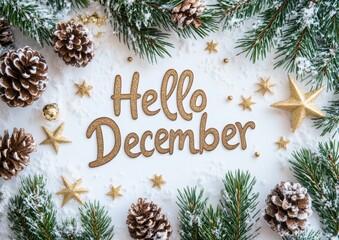 A elegant "Hello December" inscription on a white background, with pine branches and cones, golden stars, a garland of fir trees, and snowflakes Generative AI