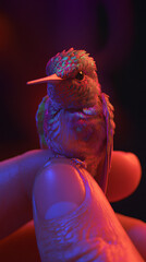 Macro photography ruby hummingbird resting human hand detailed feathers exquisite colors beauty nature's smallest bird species wildlife art educational closeup fingertip mini glow forest animation