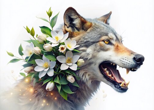 Double Exposure Photography of Beautiful Jasmine Flower Merging with a Wolf Baring Its Teeth Against a White Background Capturing Nature's Wild Beauty in Bardu, Norway