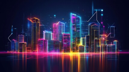 Fototapeta premium Futuristic Neon Cityscape with Bright Colors and Digital Elements