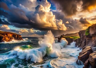 Fototapeta premium Dramatic Sea Waves Crashing During a Storm in the Atlantic Ocean Captured in Conceptual Photography, Showcasing the Power and Turbulence of Nature's Fury