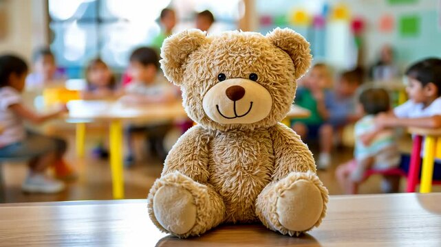 Children engage in playful activities in a colorful classroom while a teddy bear sits on the table