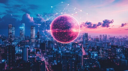 Fototapeta premium Futuristic Cityscape with Neon Sphere and Digital Connections