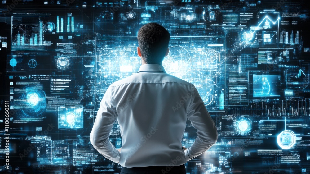 Poster Man Analyzing Data with Digital Interface in Modern Workspace