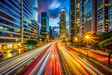 Obraz premium Dynamic Nighttime Scene of Moving Traffic Light Trails Creating a Vibrant Urban Atmosphere with Blurred Effects and Stunning Color Combinations for Stock Photography
