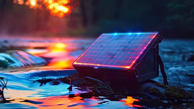Vibrant solar panel reflecting colors in serene water landscape