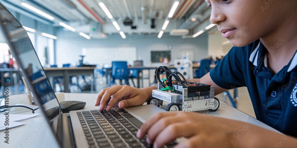 Wall mural a focused shot of a student working on a laptop with a robotics kit in a modern classroom setting. t