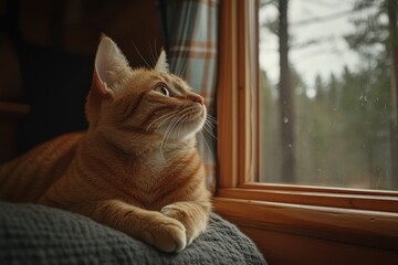 Cozy Ginger Cat Gazing Out Window on a Calm Day in Rustic Cabin Setting