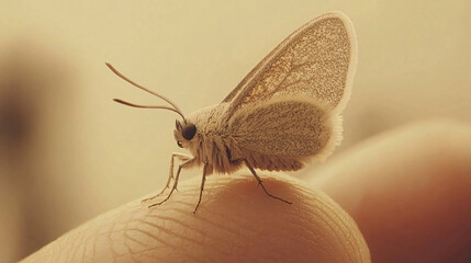 Close-up black white fluffy moth intricate feather antenna resting delicately human hand textured wings soft details high resolution nature photography strip perch fingertip wildlife insect macro