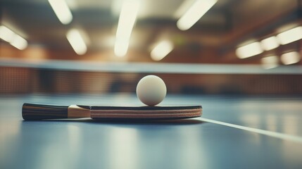 A table tennis paddle with a focus on the paddle surface and ball, indoor setting with soft overhead lights, Dynamic style