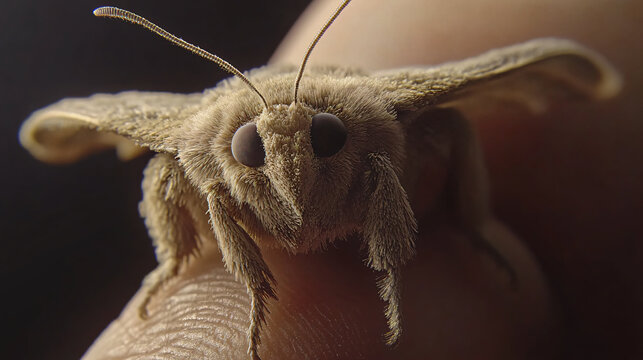 Close-up black white fluffy moth intricate feather antenna resting delicately human hand textured wings soft details high resolution nature photography strip perch fingertip wildlife insect macro