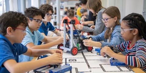A group of elementary school students collaborate on building a robot in their classroom, their faces focused on the task. The blurred background emphasizes the children and their project. 