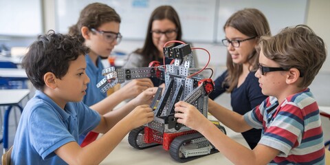 A group of elementary school students collaborate on building a robot in their classroom, their faces focused on the task. The blurred background emphasizes the children and their project. 