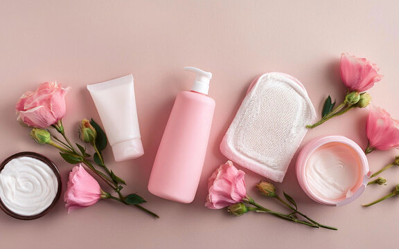productos de higiene femenina sobre fondo neutro, concepto de cuidado femenino, mujeres saludables, vista superior, copy space