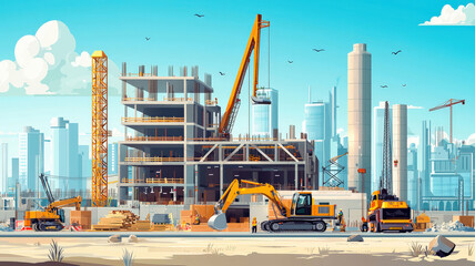 Vector graphic of a construction site featuring heavy equipment, vehicles, cranes, and scaffolding, showcasing a dynamic industrial scene in a clean and modern style.