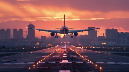 The airplane descended gracefully, its silhouette framed against the fiery hues of the sunset sky.
