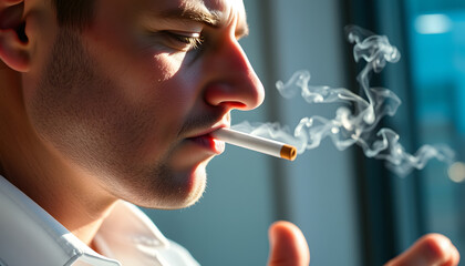 Fototapeta premium close-up man smokes a cigarette in the office near the window. Businessman is a smoker addicted to nicotine. Bad habit of young people. Office worker calms down releasing cigarette smoke isolated wi