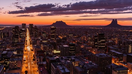 Obraz premium Generative AI, Cityscape at Sunset with Iconic Sandstone Monolith