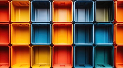 Vibrant Colorful Plastic Storage Bins Arranged in Grid Pattern