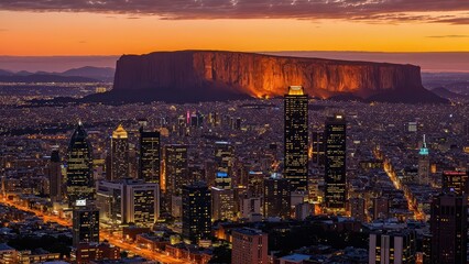 Obraz premium Generative AI, Cityscape at Sunset with Iconic Sandstone Monolith