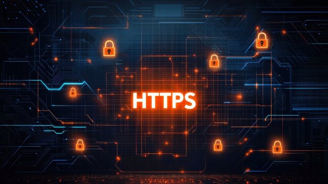 SSL Certificate Integrity Concept Digital security concept with HTTPS and padlock icons on a circuit background