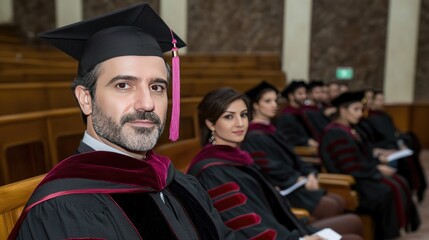 Fototapeta premium Close-up of a handsome man proudly wearing graduation robes, surrounded by fellow graduates during a university graduation ceremony