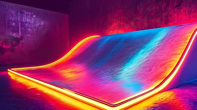 Vibrant neon skate ramp in an abstract illuminated environment