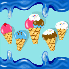 ice cream setice cream cone with turquoise background and flowing water,gift card,ice cream sticker