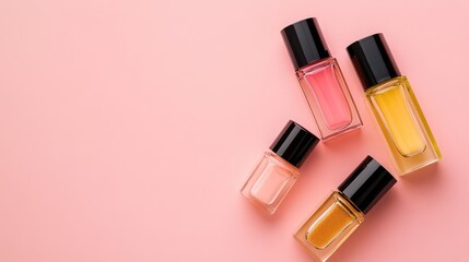 Obraz premium Assorted Glass Bottles of Fragrance on Pink Background