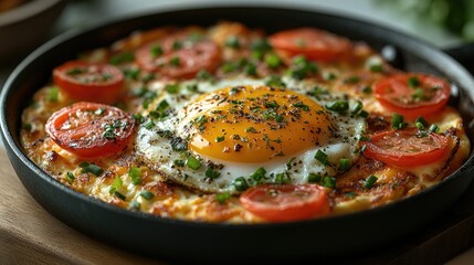A delicious dish featuring a fried egg, tomatoes, and herbs in a skillet.