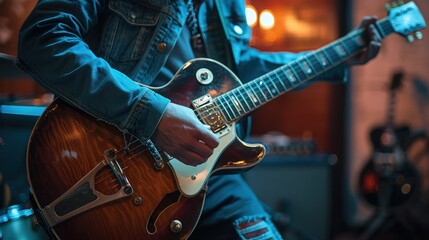 Close-up of a musician playing an electric guitar.