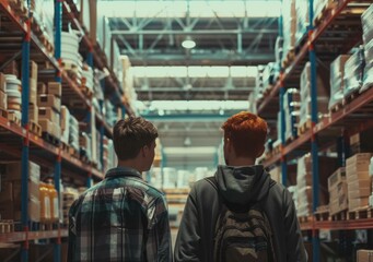 Fototapeta premium Two young men standing in a warehouse, exploring the shelves filled with goods, looking for items to purchase or gather. Inventory and shopping concept.
