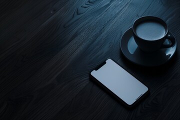 A sleek smartphone lies next to a steaming cup of coffee on a rich wooden table. The device's blank display invites personalization, perfect for creative inspiration