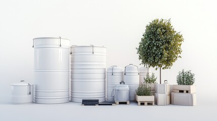 Sustainable Water Harvesting System Setup on White Background