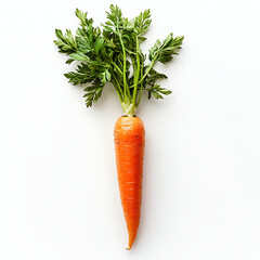 A carrot is shown with its stem and leaves still attached