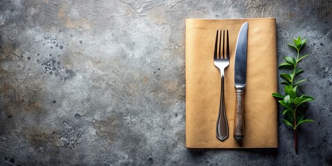 Elegant Menu Mockup Featuring Knife and Fork on a Textured Concrete Background with Ample Space for Customization and Text Addition in a Modern Dining Setting