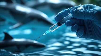 Close-Up of a Gloved Hand Holding a Syringe Above a Shark in a Blue Aquatic Environment, Symbolizing Marine Research and Wildlife Conservation Efforts