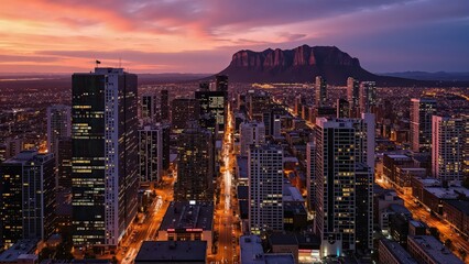 Naklejka premium Generative AI, Cityscape at Sunset with Iconic Sandstone Monolith