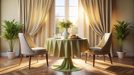 Fototapeta premium Elegant Round Table with Cloth and Two Chairs in Cozy Setting, Perfect for Dining or Conversation, Captured with Rule of Thirds for Eye-Catching Composition