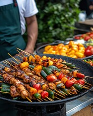 Naklejka premium Delicious Grilled Skewers of Colorful Vegetables and Marinated Meat on a BBQ Grill at an Outdoor Food Market Festival