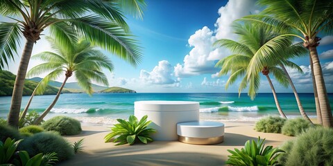 Fototapeta premium Elegant Summer Beach Scene with White Cylinder Box for Product Display Surrounded by Palm Trees and a Stunning Sea View, Perfect for Food Photography and Marketing