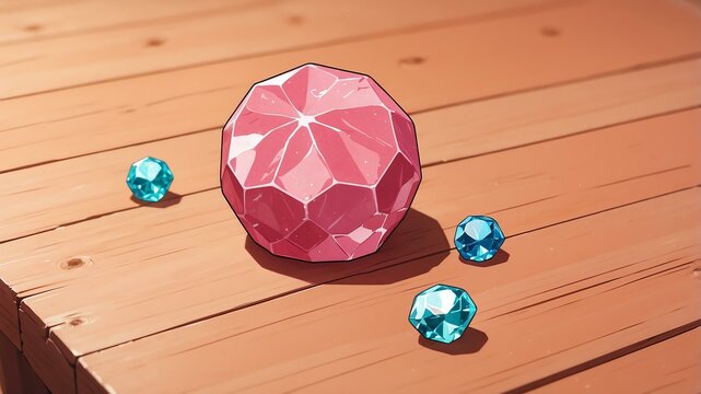 Close-up of a gem thulite on a wooden table background, pastel anime style