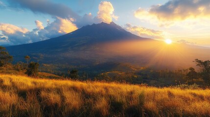 Fototapeta premium Majestic mountain peak at sunset, golden hour light illuminating grassy landscape.