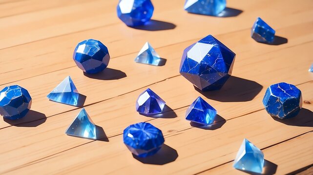 Close-up of a gemstone lapis lazuli on a wooden table background, pastel anime style