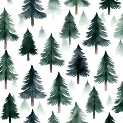 Obraz premium Watercolor Forest Pattern with Green Trees on White Background