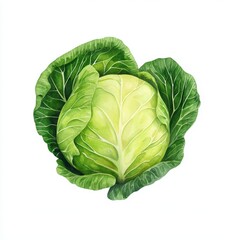 Obraz premium Fresh Green Cabbage Head on White Background with Detailed Leaves